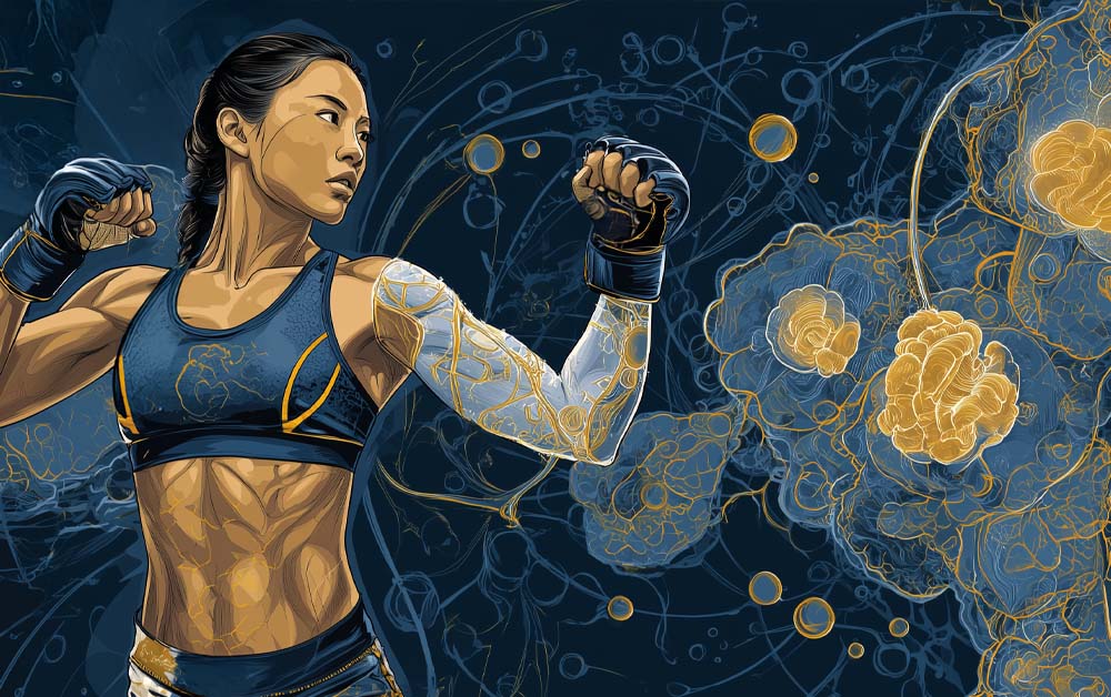Female MMA practitioner demonstrating oxidative system mitochondria function during sustained grappling and striking endurance training
